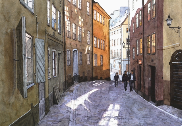 Reproducerad akvarell/giclée - Bollhusgränd i Gamla stan
